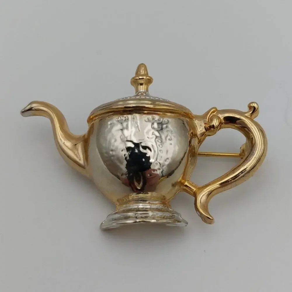 Vintage Teapot Brooch Mixed Metal Gold Silver Tone Etched Tea Pot Pin